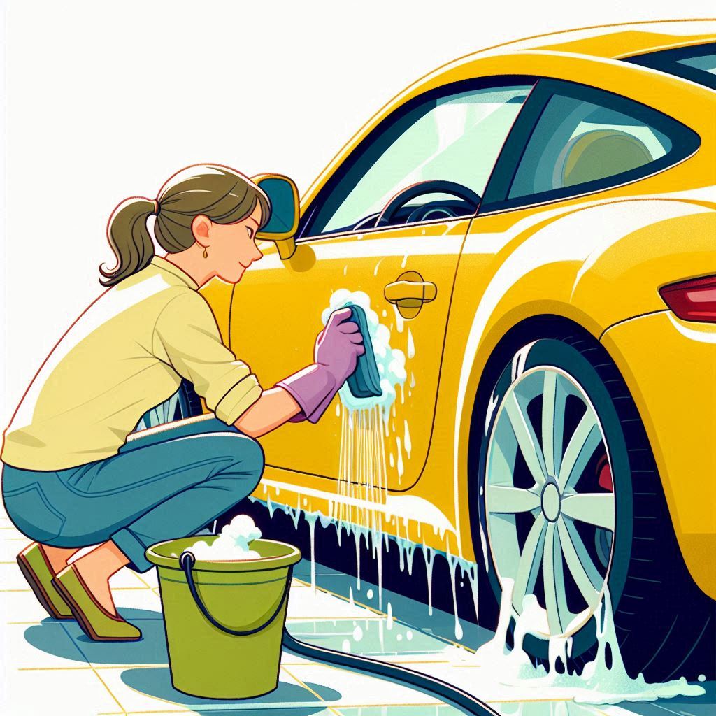 A woman washing her car